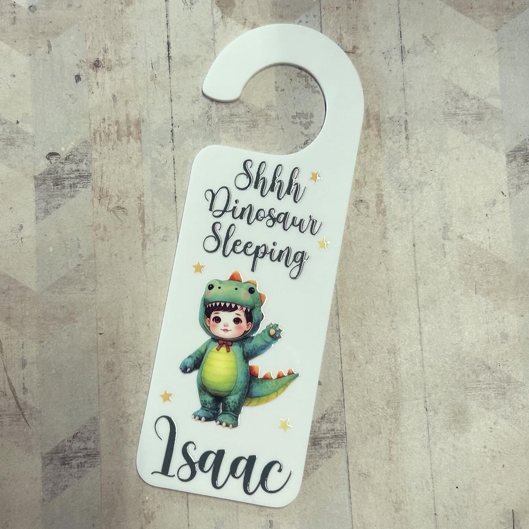 UV225 - UVDTF Door Hanger Personalised decal with optional Acrylic Door Hanger - Shhh Dinosaur Sleeping - Olifantjie - Wooden - MDF - Lasercut - Blank - Craft - Kit - Mixed Media - UK