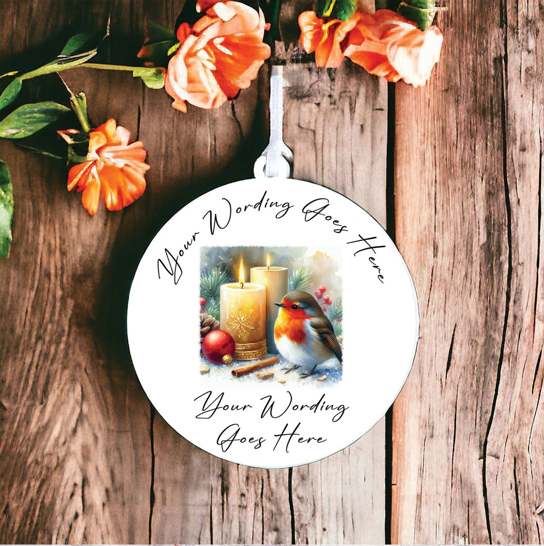 UV843 - Acrylic and UVDTF Personalised Round Hanging - Robin Scene 1 Candle - Olifantjie - Wooden - MDF - Lasercut - Blank - Craft - Kit - Mixed Media - UK