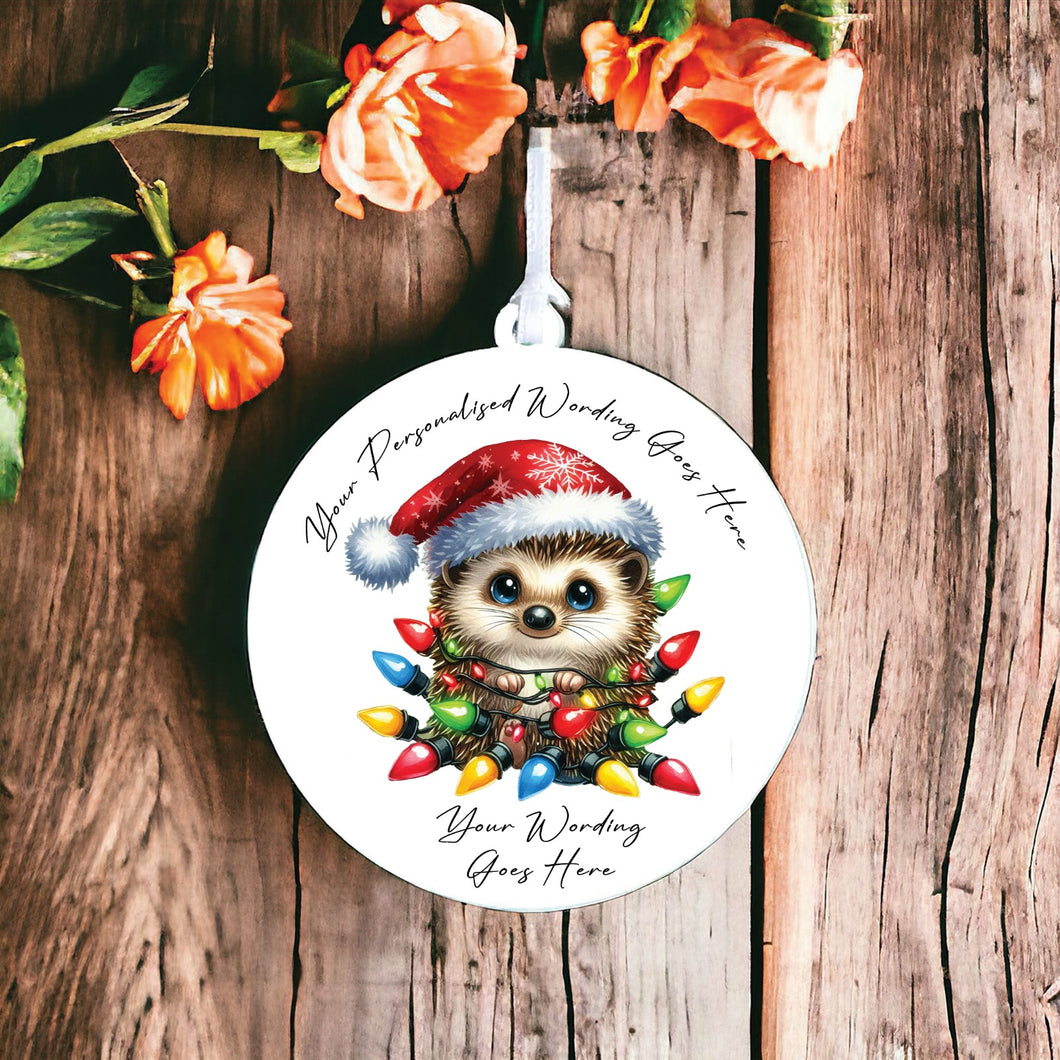 UV928 - Acrylic and UVDTF Personalised Round Hanging - Christmas Animal Tangled Lights - Hedgehog 1 - Olifantjie - Wooden - MDF - Lasercut - Blank - Craft - Kit - Mixed Media - UK