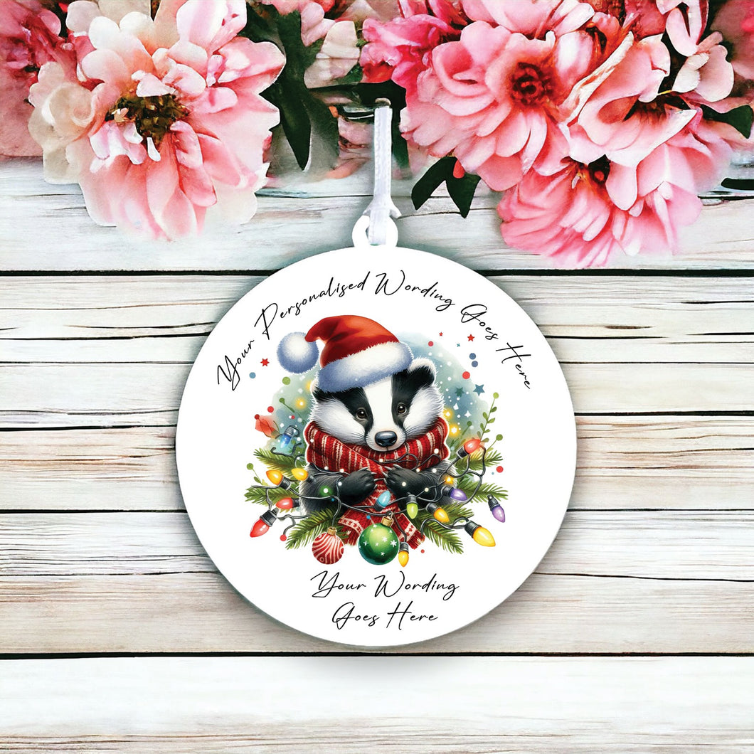 UV903 - Acrylic and UVDTF Personalised Round Hanging - Christmas Animal Tangled Lights - Badger 3 - Olifantjie - Wooden - MDF - Lasercut - Blank - Craft - Kit - Mixed Media - UK
