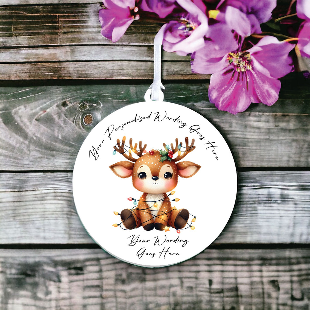 UV964 - Acrylic and UVDTF Personalised Round Hanging - Christmas Animal Tangled Lights - Reindeer 1 - Olifantjie - Wooden - MDF - Lasercut - Blank - Craft - Kit - Mixed Media - UK