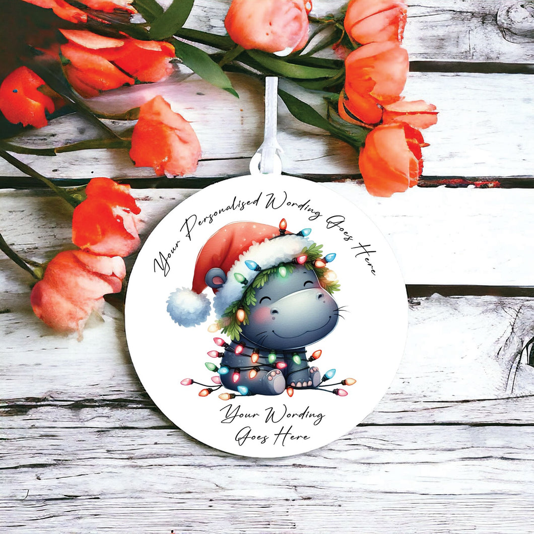 UV939 - Acrylic and UVDTF Personalised Round Hanging - Christmas Animal Tangled Lights - Hippo 1 - Olifantjie - Wooden - MDF - Lasercut - Blank - Craft - Kit - Mixed Media - UK