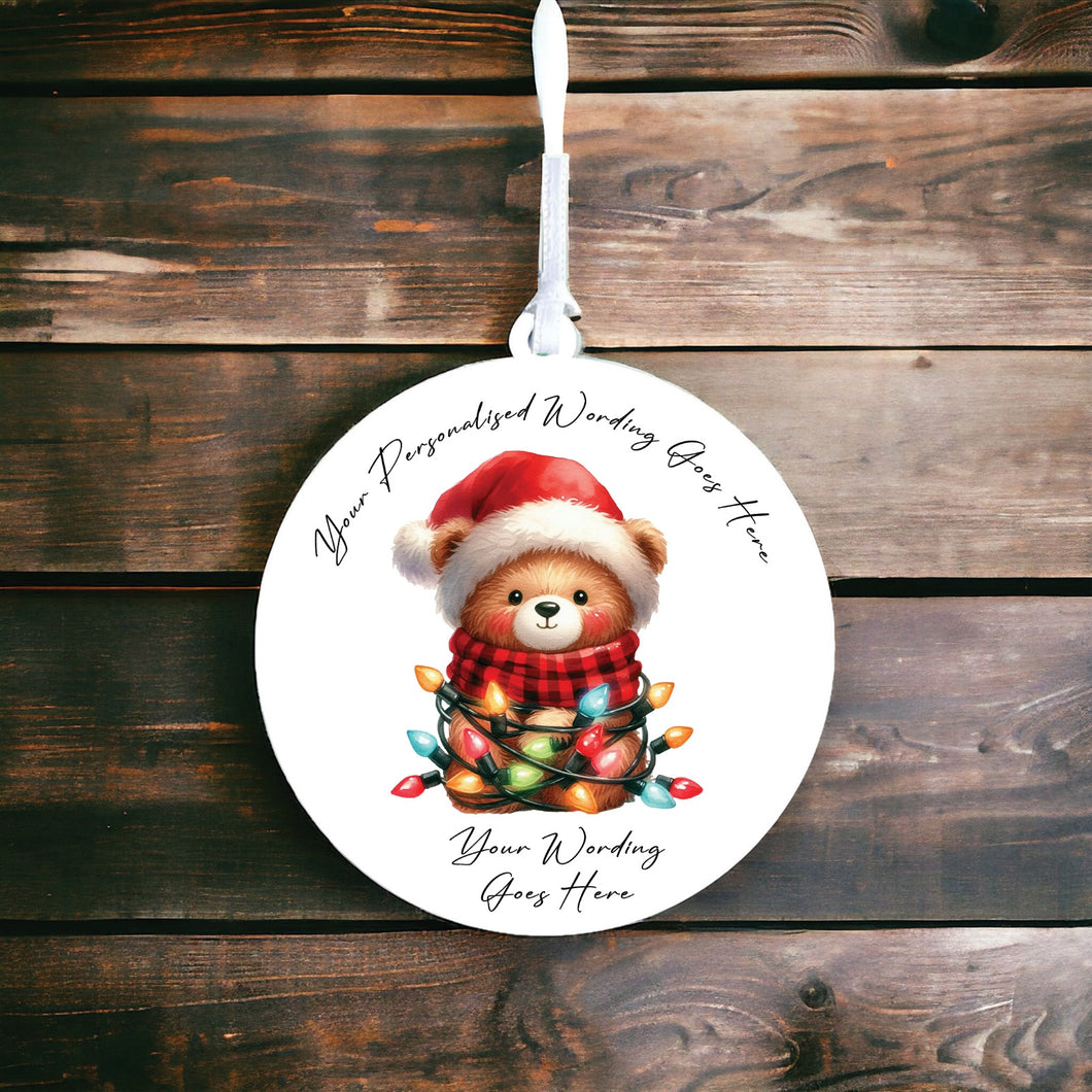 UV904 - Acrylic and UVDTF Personalised Round Hanging - Christmas Animal Tangled Lights - Teddy Bear 2 - Olifantjie - Wooden - MDF - Lasercut - Blank - Craft - Kit - Mixed Media - UK