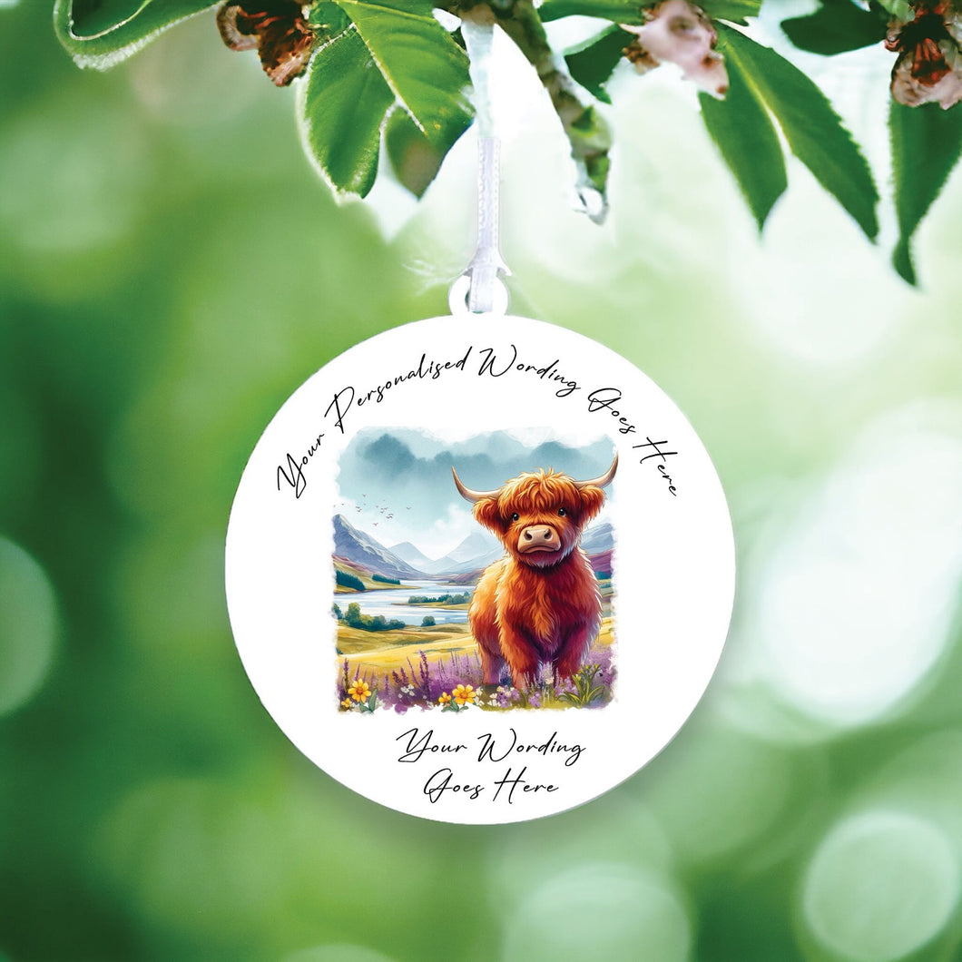 UV868 - Acrylic and UVDTF Personalised Round Hanging - Highland Cow 2 - Olifantjie - Wooden - MDF - Lasercut - Blank - Craft - Kit - Mixed Media - UK