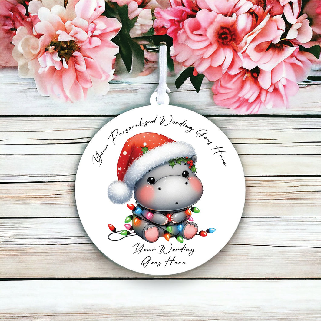 UV940 - Acrylic and UVDTF Personalised Round Hanging - Christmas Animal Tangled Lights - Hippo 2 - Olifantjie - Wooden - MDF - Lasercut - Blank - Craft - Kit - Mixed Media - UK