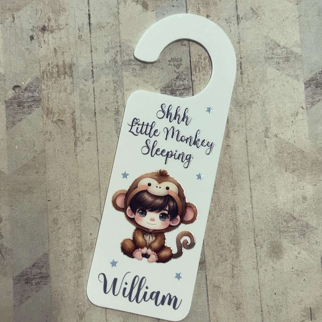 UV227 - UVDTF Door Hanger Personalised decal with optional Acrylic Door Hanger - Shhh Little Monkey Sleeping - Olifantjie - Wooden - MDF - Lasercut - Blank - Craft - Kit - Mixed Media - UK