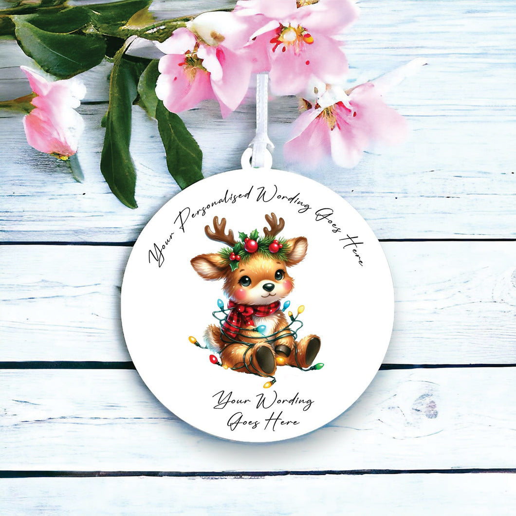 UV965 - Acrylic and UVDTF Personalised Round Hanging - Christmas Animal Tangled Lights - Reindeer 2 - Olifantjie - Wooden - MDF - Lasercut - Blank - Craft - Kit - Mixed Media - UK