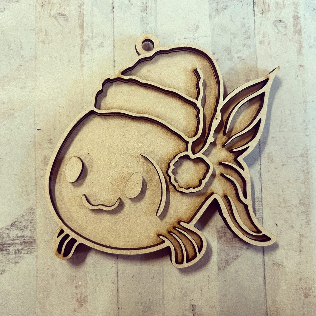 OL3689 - MDF Doodle Christmas Hanging - Goldfish hat with or without banner - Olifantjie - Wooden - MDF - Lasercut - Blank - Craft - Kit - Mixed Media - UK
