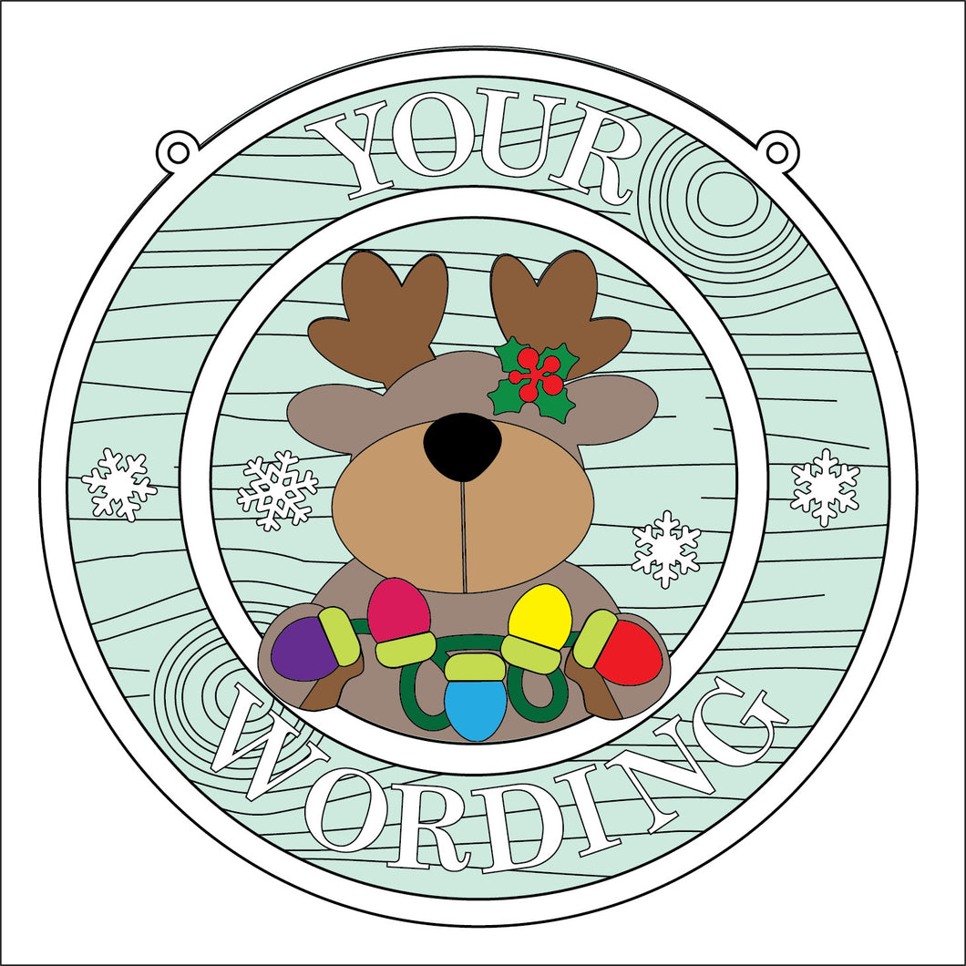 OL5351 - MDF Round Christmas Farmhouse Framed Circle Plaque - Your wording - Reindeer Lights - Olifantjie - Wooden - MDF - Lasercut - Blank - Craft - Kit - Mixed Media - UK
