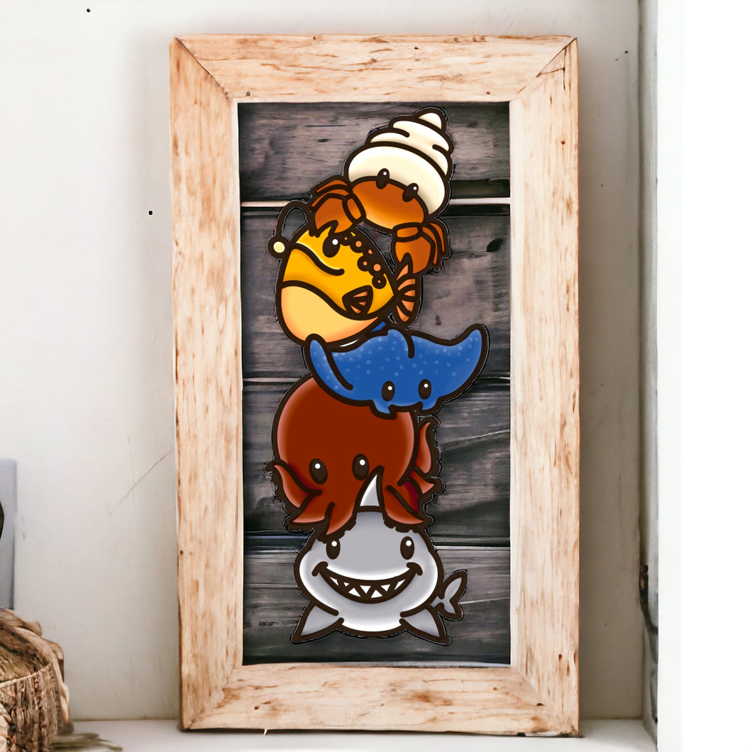 OL4603 - MDF doodle verticle stacked cute animals - Sea-life 2 - Olifantjie - Wooden - MDF - Lasercut - Blank - Craft - Kit - Mixed Media - UK