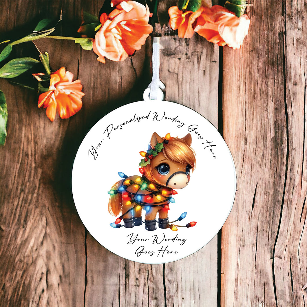 UV944 - Acrylic and UVDTF Personalised Round Hanging - Christmas Animal Tangled Lights - Pony Horse 1 - Olifantjie - Wooden - MDF - Lasercut - Blank - Craft - Kit - Mixed Media - UK