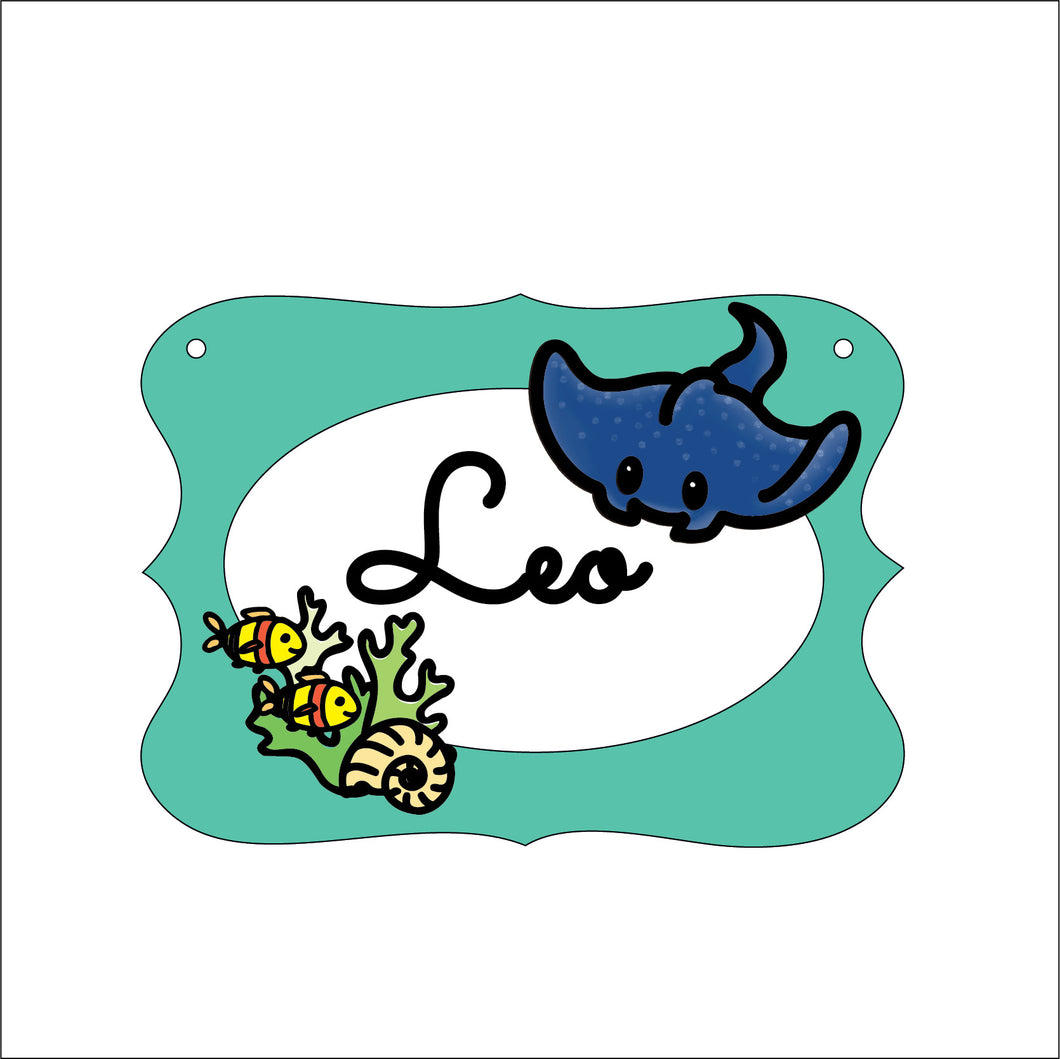 OP125 - MDF Doodle Sea Themed Personalised Plaque - Stingray - Olifantjie - Wooden - MDF - Lasercut - Blank - Craft - Kit - Mixed Media - UK