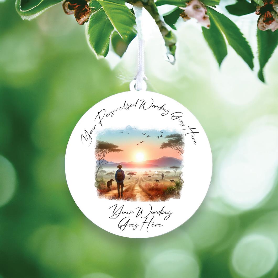 UV604 - Acrylic and UVDTF Personalised Round Hanging - Travelling Safari Scene - Olifantjie - Wooden - MDF - Lasercut - Blank - Craft - Kit - Mixed Media - UK