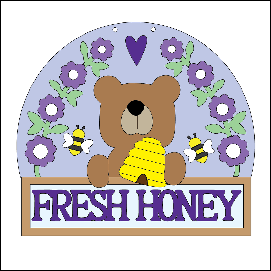 NO764 - MDF Large Bear Bee Fresh Honey Hanging Plaque - Olifantjie - Wooden - MDF - Lasercut - Blank - Craft - Kit - Mixed Media - UK