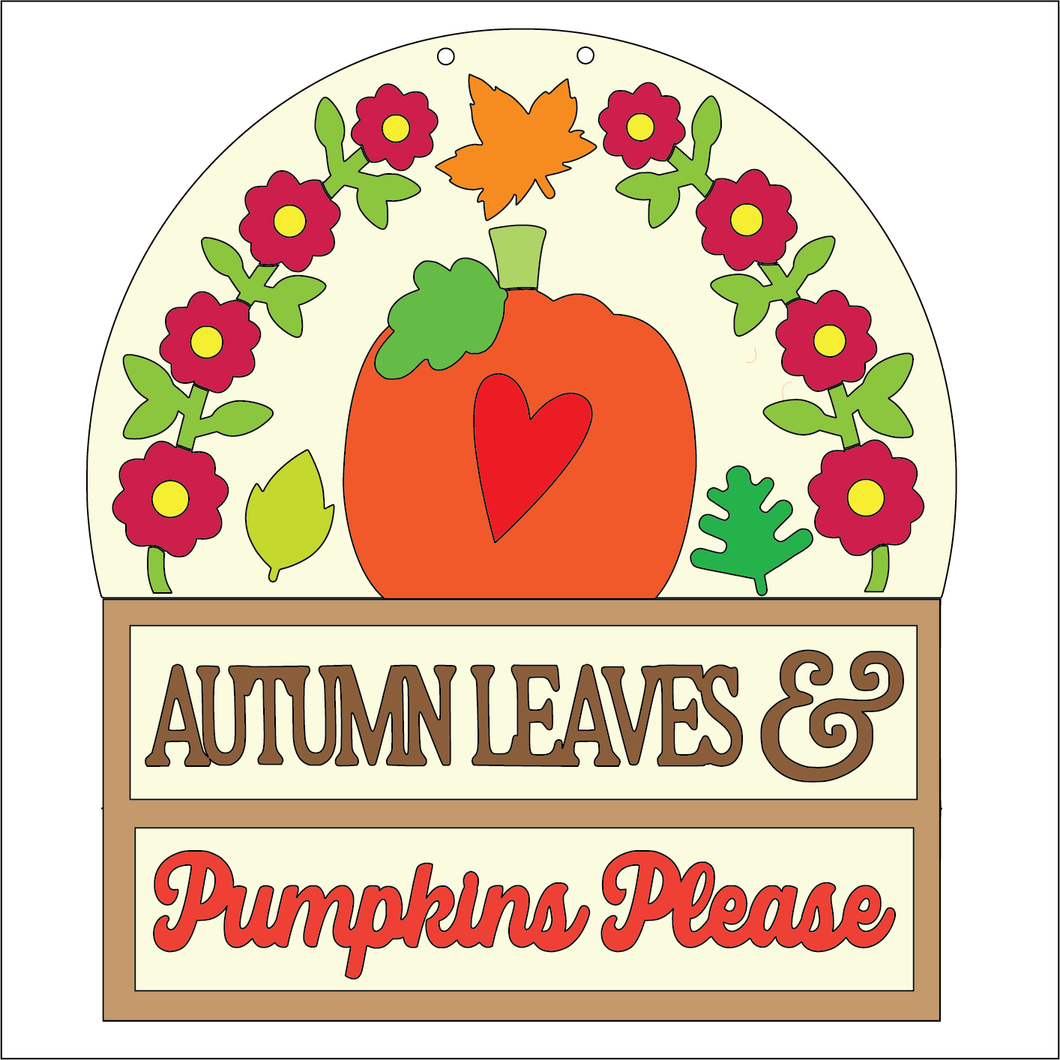 NO765 - MDF Large Autumn Leaves Pumkpins Please Hanging Plaque - Olifantjie - Wooden - MDF - Lasercut - Blank - Craft - Kit - Mixed Media - UK