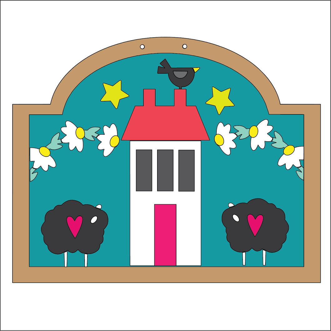 NO766 - MDF Large House Sheep Floral Hanging Plaque - Olifantjie - Wooden - MDF - Lasercut - Blank - Craft - Kit - Mixed Media - UK