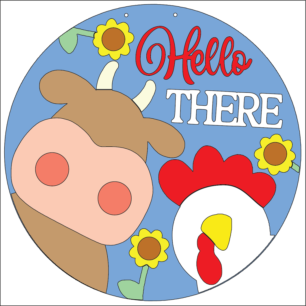 NO769 - MDF Round Hello There Cow Rooster Hanging Plaque - Olifantjie - Wooden - MDF - Lasercut - Blank - Craft - Kit - Mixed Media - UK
