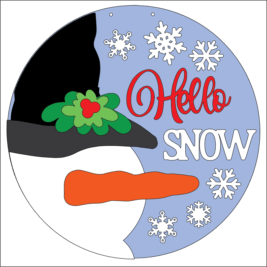 NO770 - MDF Round Hello Snow Snowman Hanging Plaque - Olifantjie - Wooden - MDF - Lasercut - Blank - Craft - Kit - Mixed Media - UK