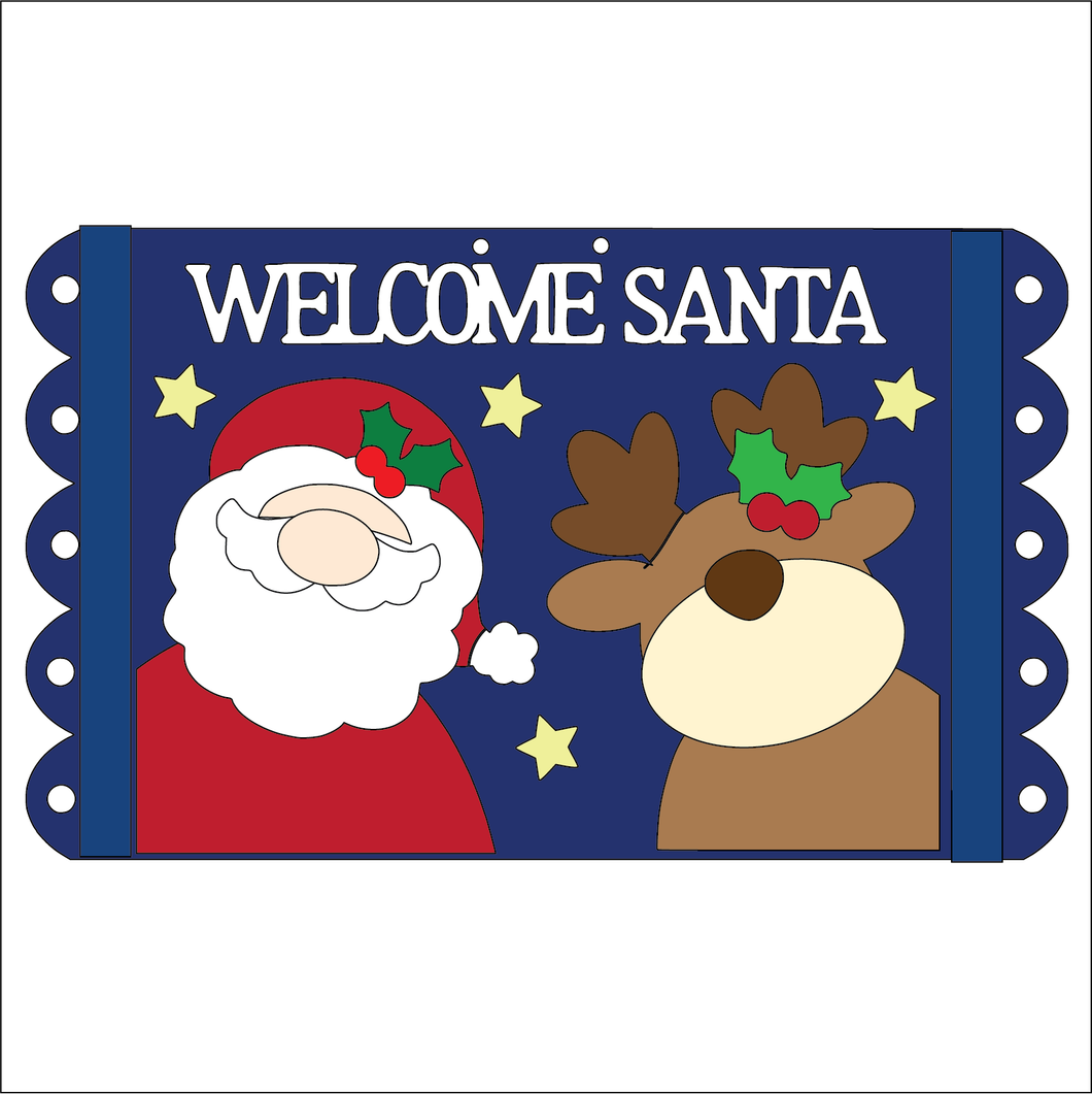 NO777 - MDF Large Welcome Santa Reindeer Primitive Style Hanging Plaque - Olifantjie - Wooden - MDF - Lasercut - Blank - Craft - Kit - Mixed Media - UK