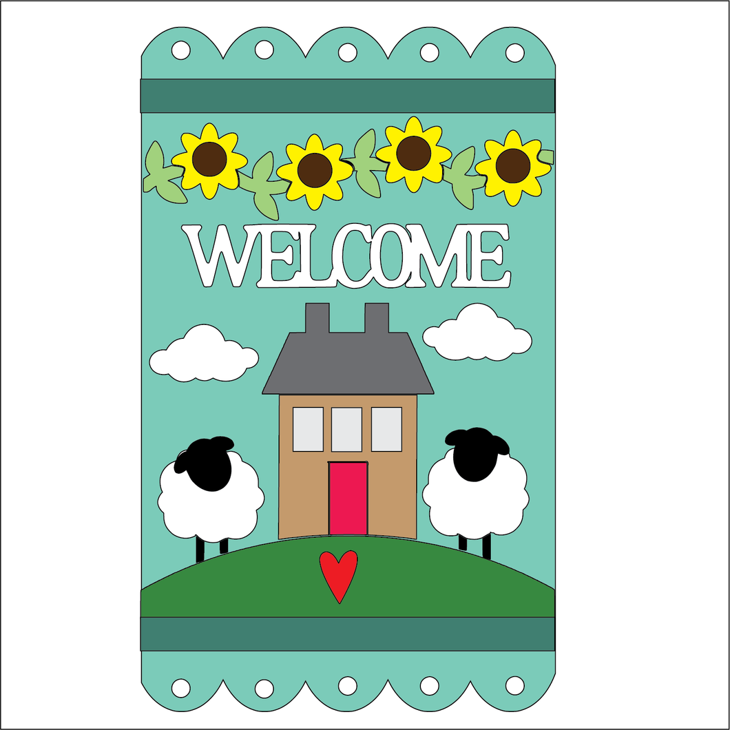 NO779 - MDF Large House Sheep Sunflower Welcome Style Hanging Plaque - Olifantjie - Wooden - MDF - Lasercut - Blank - Craft - Kit - Mixed Media - UK