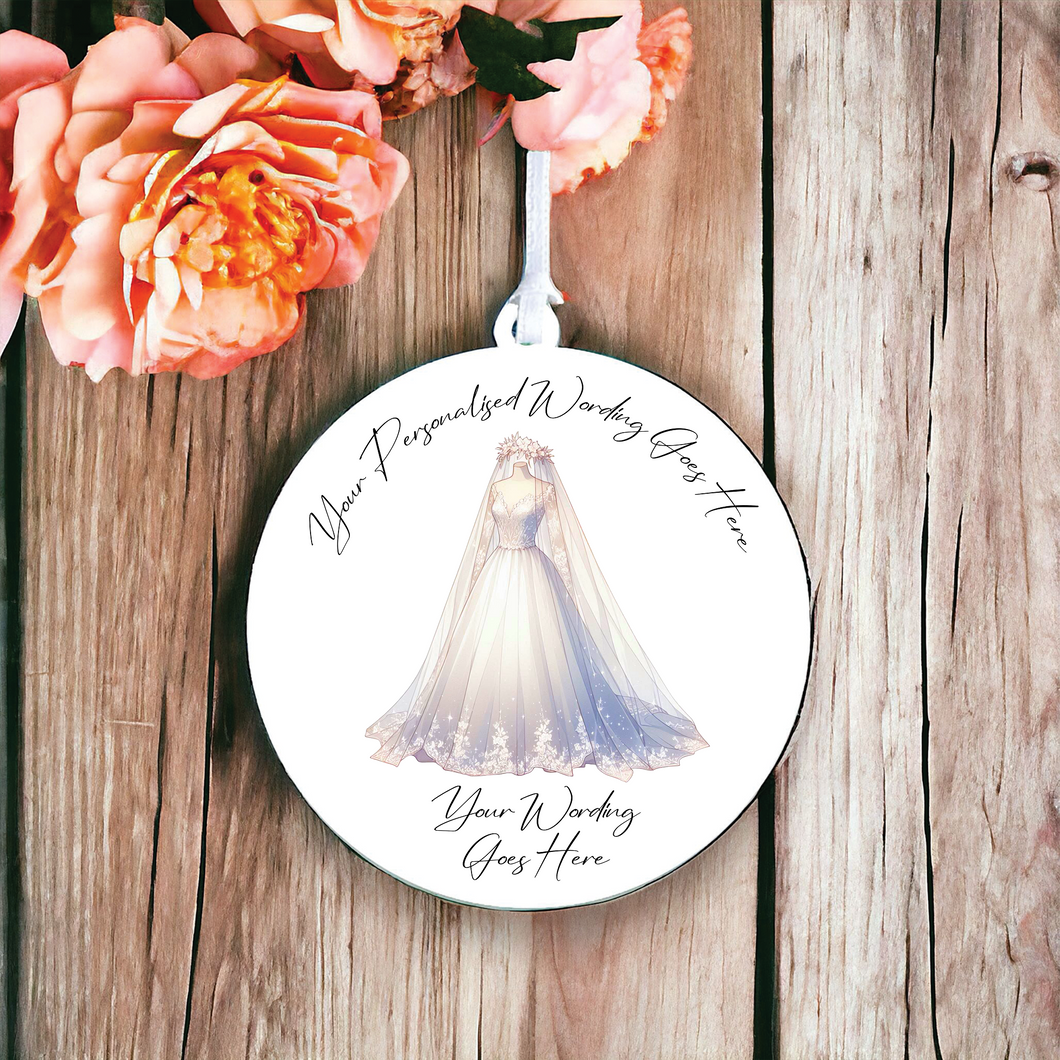 UV649 - Acrylic and UVDTF Personalised Round Hanging - Wedding Dress and Veil - Olifantjie - Wooden - MDF - Lasercut - Blank - Craft - Kit - Mixed Media - UK