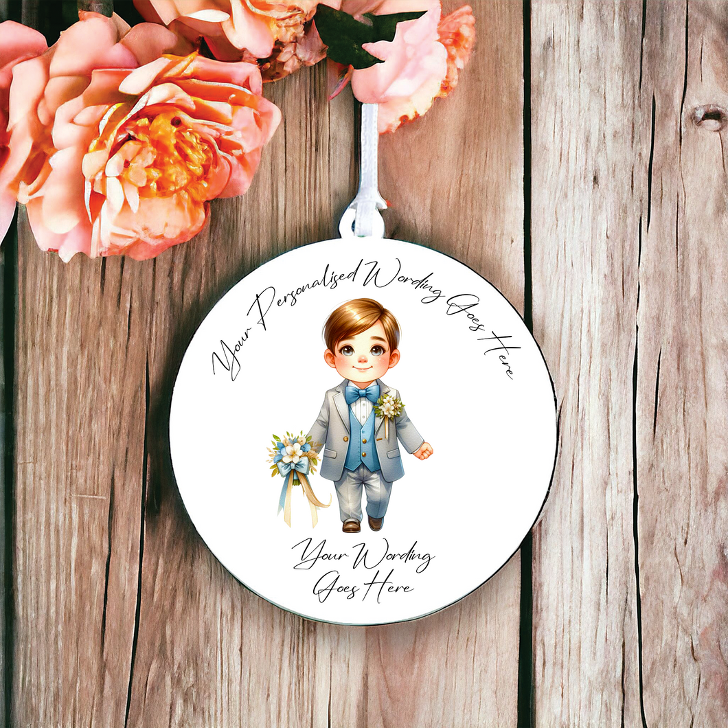 UV665 - Acrylic and UVDTF Personalised Round Hanging - Wedding theme - Page boy A - Olifantjie - Wooden - MDF - Lasercut - Blank - Craft - Kit - Mixed Media - UK