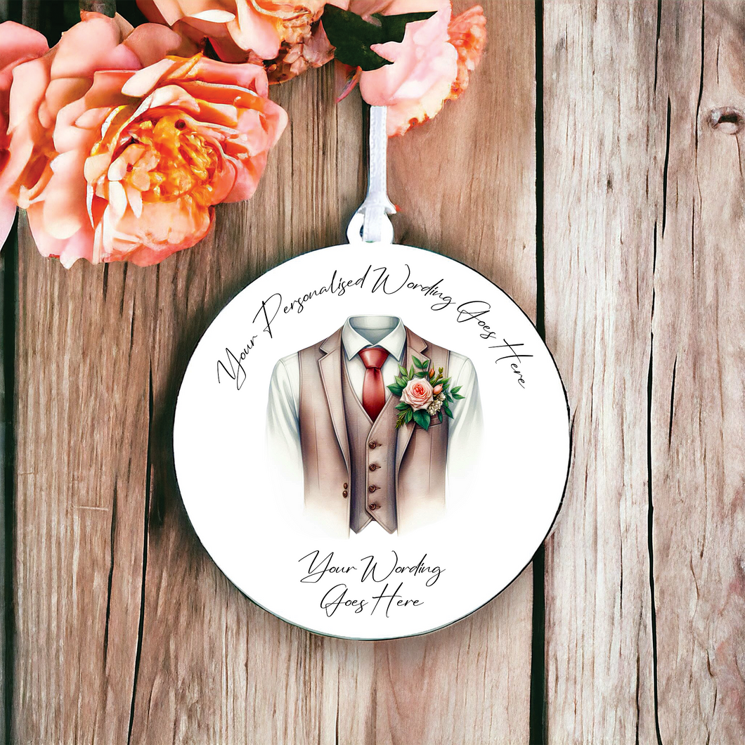 UV673 - Acrylic and UVDTF Personalised Round Hanging - Wedding theme - Wedding Suit GroomWaistcoat A - Olifantjie - Wooden - MDF - Lasercut - Blank - Craft - Kit - Mixed Media - UK
