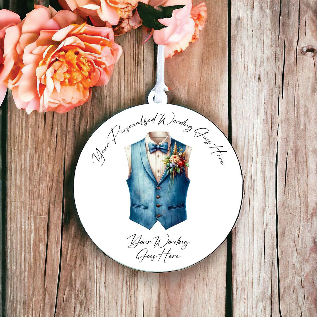 UV674 - Acrylic and UVDTF Personalised Round Hanging - Wedding theme - Wedding Suit Groom Waistcoat B - Olifantjie - Wooden - MDF - Lasercut - Blank - Craft - Kit - Mixed Media - UK