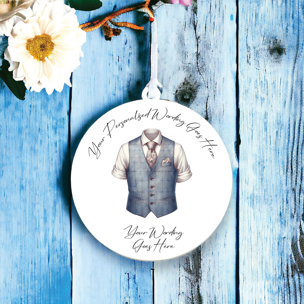 UV675 - Acrylic and UVDTF Personalised Round Hanging - Wedding theme - Wedding Suit Groom Waistcoat C - Olifantjie - Wooden - MDF - Lasercut - Blank - Craft - Kit - Mixed Media - UK