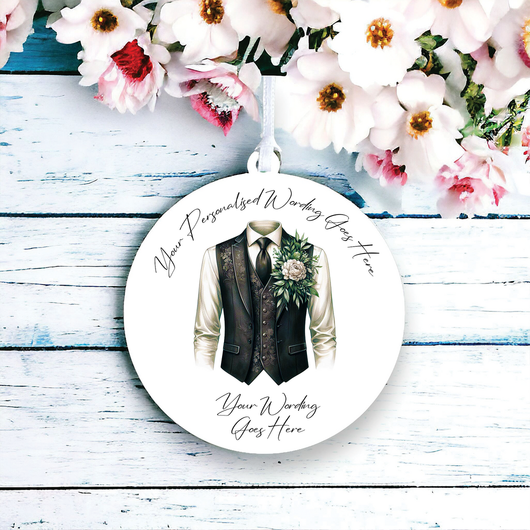 UV678 - Acrylic and UVDTF Personalised Round Hanging - Wedding theme - Wedding Suit Groom Waistcoat F - Olifantjie - Wooden - MDF - Lasercut - Blank - Craft - Kit - Mixed Media - UK