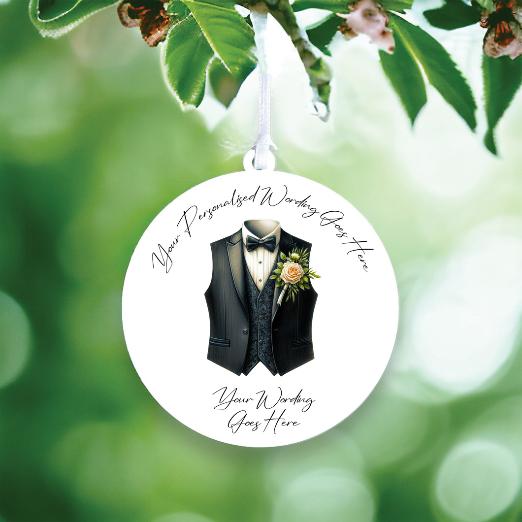 UV679 - Acrylic and UVDTF Personalised Round Hanging - Wedding theme - Wedding Suit Groom Waistcoat G - Olifantjie - Wooden - MDF - Lasercut - Blank - Craft - Kit - Mixed Media - UK