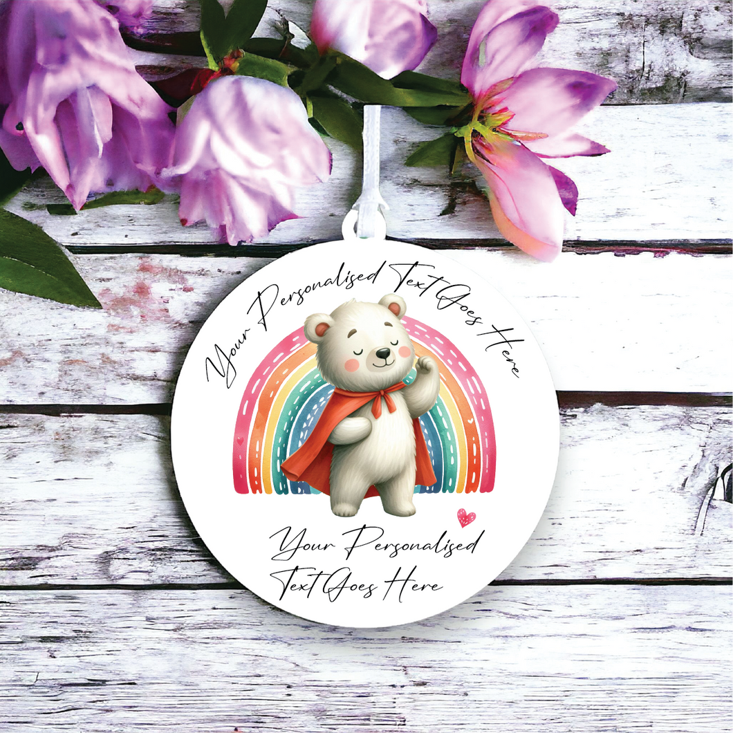UV120 - Acrylic and UVDTF Personalised Round Hanging - Rainbow Super Hero Bear Male - Olifantjie - Wooden - MDF - Lasercut - Blank - Craft - Kit - Mixed Media - UK