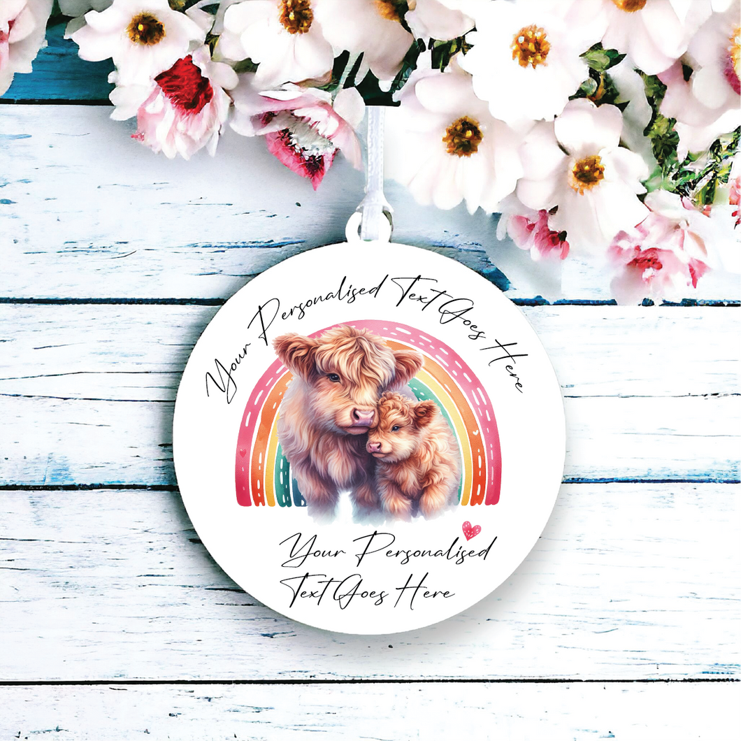 UV122 - Acrylic and UVDTF Personalised Round Hanging - Rainbow Highland Cow Couple Adult and Child - Olifantjie - Wooden - MDF - Lasercut - Blank - Craft - Kit - Mixed Media - UK