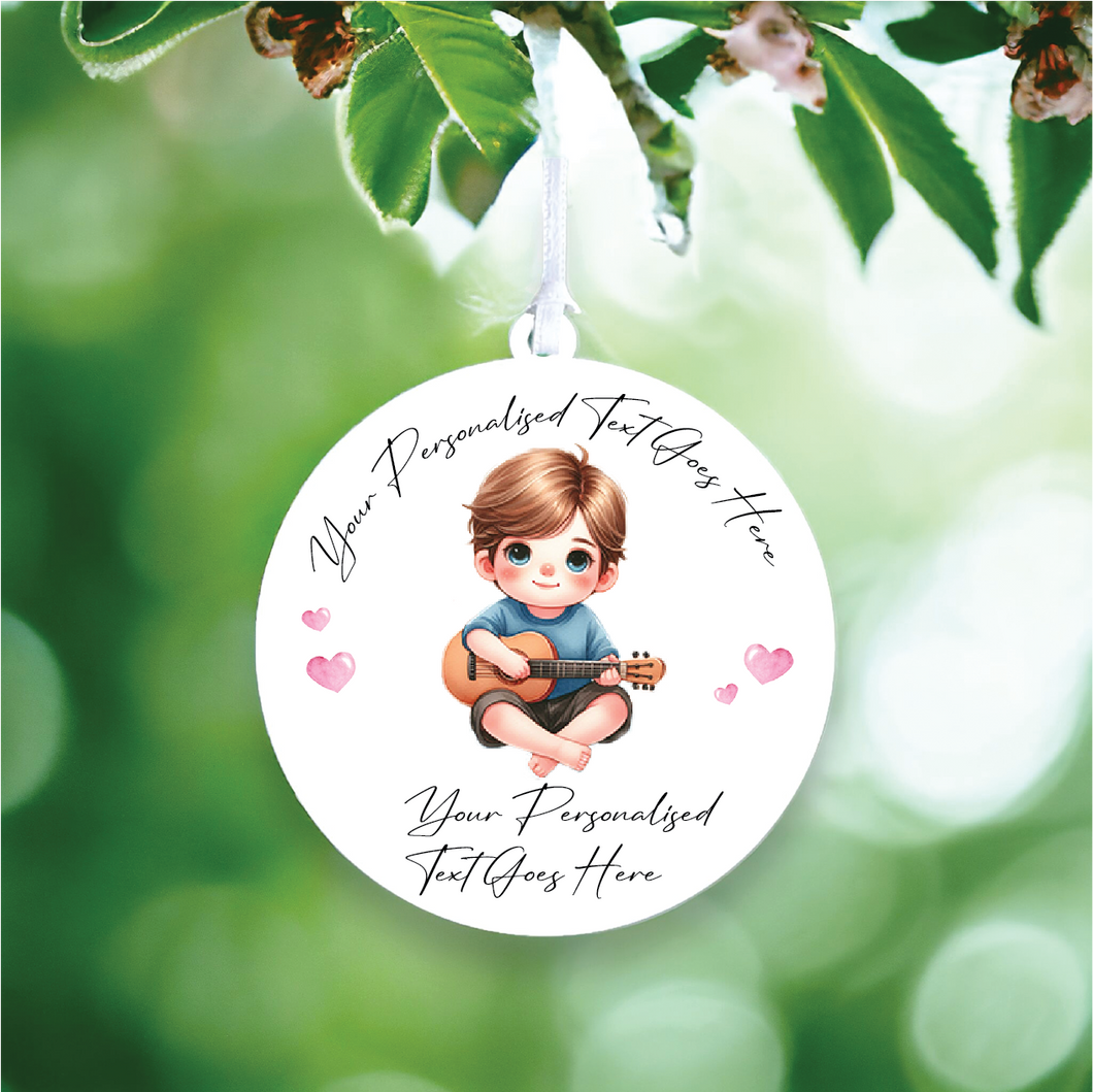 UV147- Acrylic and UVDTF Personalised Round Hanging - Boy Guitar - Olifantjie - Wooden - MDF - Lasercut - Blank - Craft - Kit - Mixed Media - UK