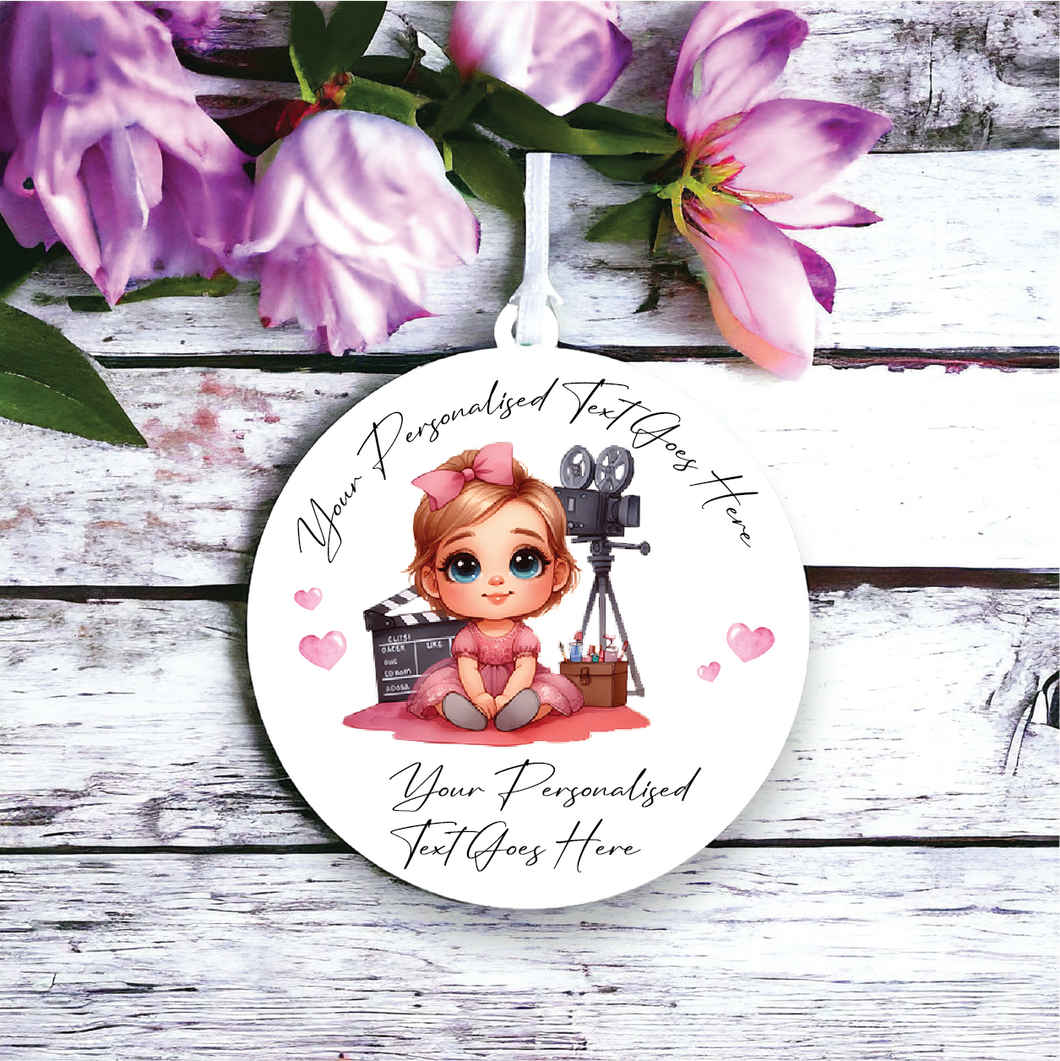UV149- Acrylic and UVDTF Personalised Round Hanging - Girl Film Maker Director - Olifantjie - Wooden - MDF - Lasercut - Blank - Craft - Kit - Mixed Media - UK