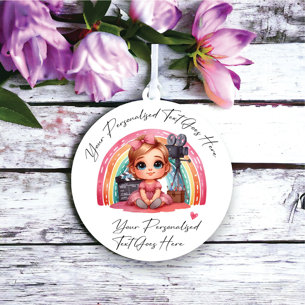 UV150 - Acrylic and UVDTF Personalised Round Hanging - Rainbow Girl Film Maker Director - Olifantjie - Wooden - MDF - Lasercut - Blank - Craft - Kit - Mixed Media - UK