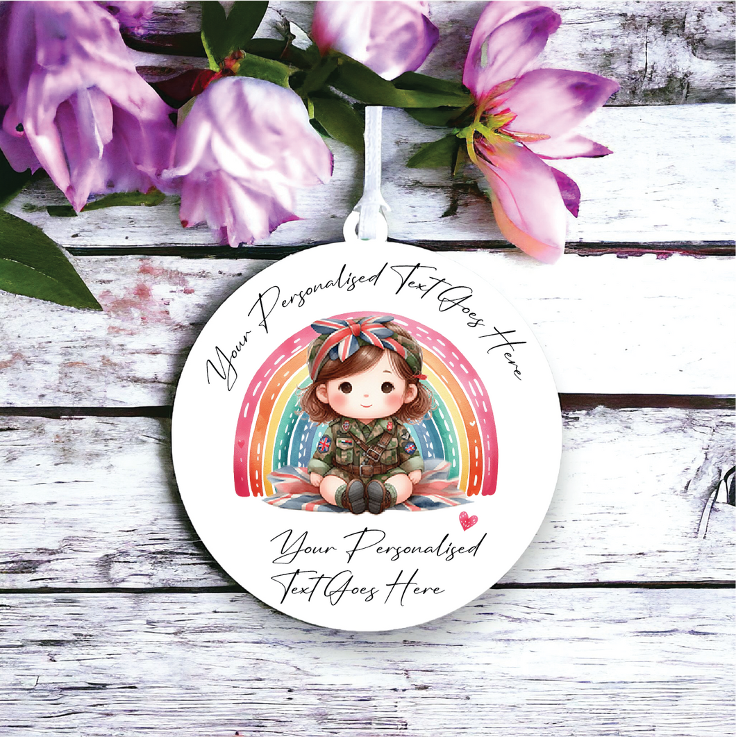 UV152 - Acrylic and UVDTF Personalised Round Hanging - Rainbow Girl Soldier - Olifantjie - Wooden - MDF - Lasercut - Blank - Craft - Kit - Mixed Media - UK