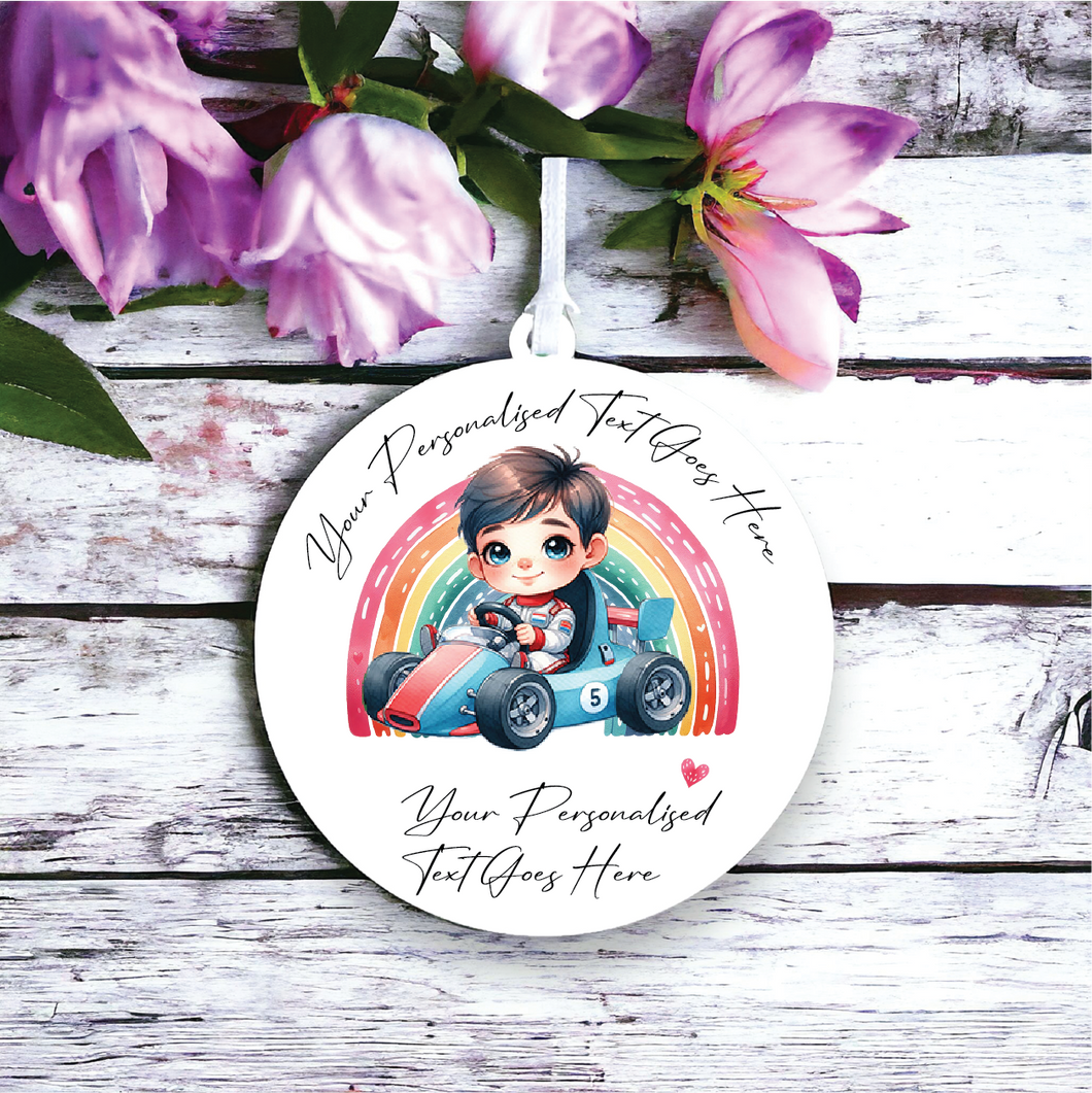 UV154 - Acrylic and UVDTF Personalised Round Hanging - Rainbow Boy racing Car - Olifantjie - Wooden - MDF - Lasercut - Blank - Craft - Kit - Mixed Media - UK
