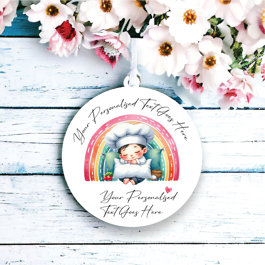 UV158 - Acrylic and UVDTF Personalised Round Hanging - Rainbow Boy Sleeping Chef - Olifantjie - Wooden - MDF - Lasercut - Blank - Craft - Kit - Mixed Media - UK