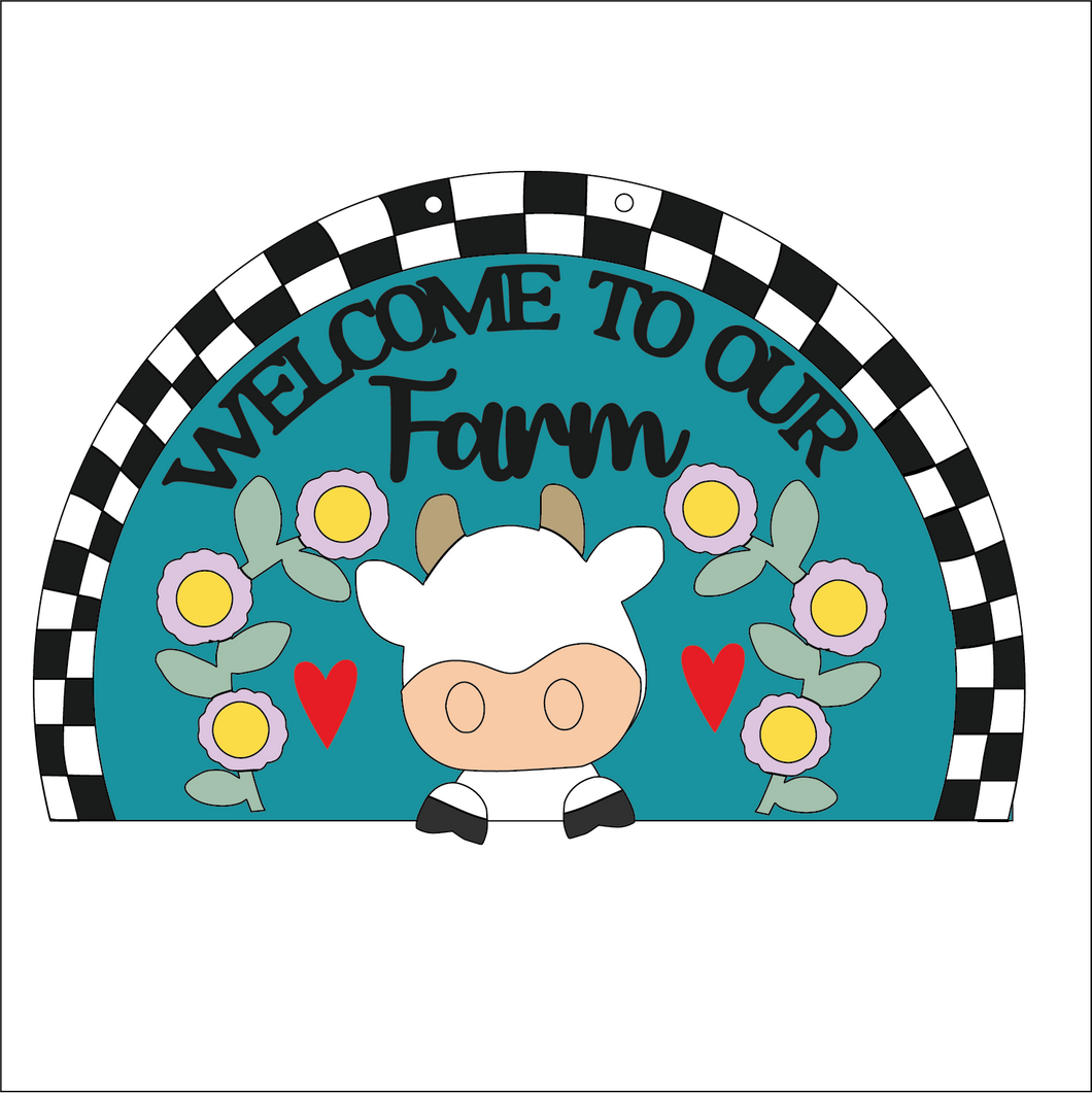 NO722 - MDF Large Welcome Farm Cow Half Circle Hanging Plaque - Olifantjie - Wooden - MDF - Lasercut - Blank - Craft - Kit - Mixed Media - UK