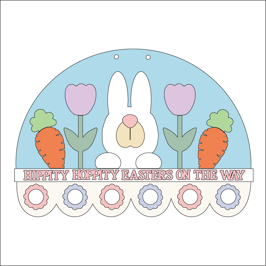 NO727 - MDF Large Hippity Hop Easter Bunny scene Half Circle Hanging Plaque - Olifantjie - Wooden - MDF - Lasercut - Blank - Craft - Kit - Mixed Media - UK