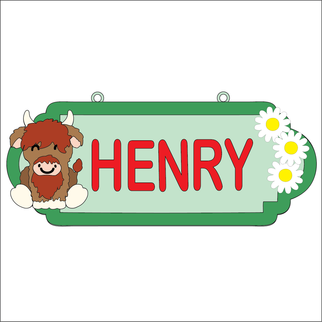 SS200- MDF Highland Cow - Personalised Street Sign - Small (6 letters) - Olifantjie - Wooden - MDF - Lasercut - Blank - Craft - Kit - Mixed Media - UK