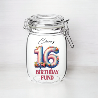 UV364 - Personalised Fund Jar UVDTF Decal - Birthday Themed - 16th Style 3 - Olifantjie - Wooden - MDF - Lasercut - Blank - Craft - Kit - Mixed Media - UK