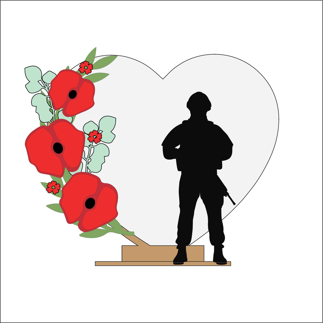 OL5048 - MDF Poppy Army Soldier 1 - Freestanding or Hanging/no holes - Acrylic white, or clear or MDF Heart - Olifantjie - Wooden - MDF - Lasercut - Blank - Craft - Kit - Mixed Media - UK