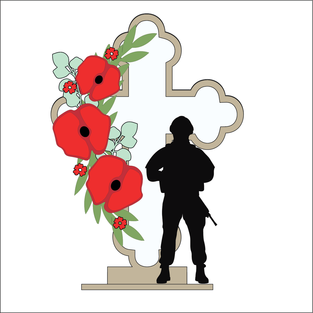 OL5050 - MDF and Acrylic Cross - Poppy Army Soldier 1 - Freestanding or Hanging/no holes - Acrylic white, or clear or MDF Cross - - Olifantjie - Wooden - MDF - Lasercut - Blank - Craft - Kit - Mixed Media - UK