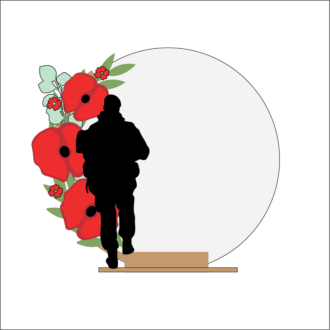 OL5045- MDF Army Poppy Soldier 2 Themed Circle - Freestanding or Hanging/no holes - Acrylic white, or clear or MDF Circle - Olifantjie - Wooden - MDF - Lasercut - Blank - Craft - Kit - Mixed Media - UK