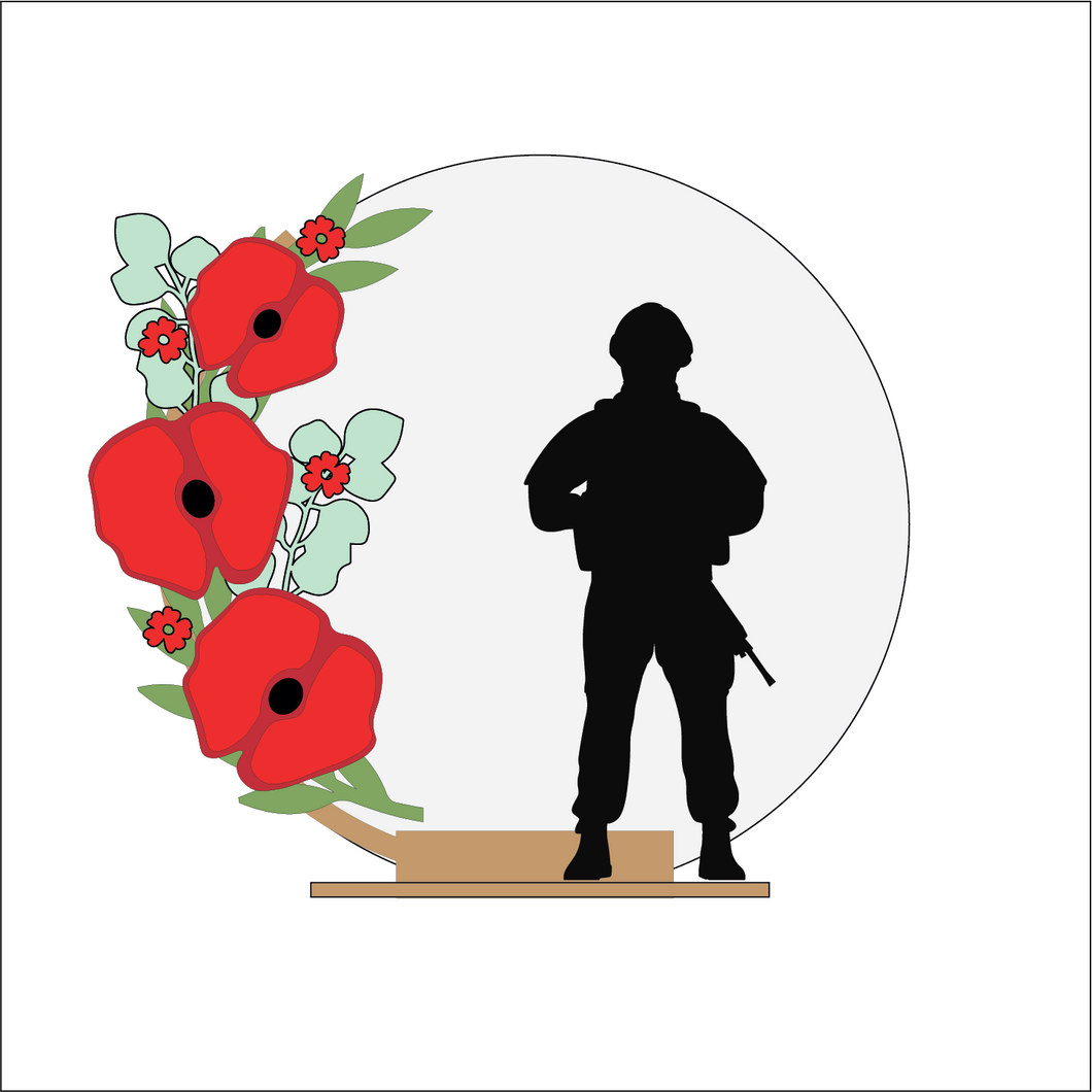 OL5044- MDF Army Poppy Soldier 1 Themed Circle - Freestanding or Hanging/no holes - Acrylic white, or clear or MDF Circle - Olifantjie - Wooden - MDF - Lasercut - Blank - Craft - Kit - Mixed Media - UK