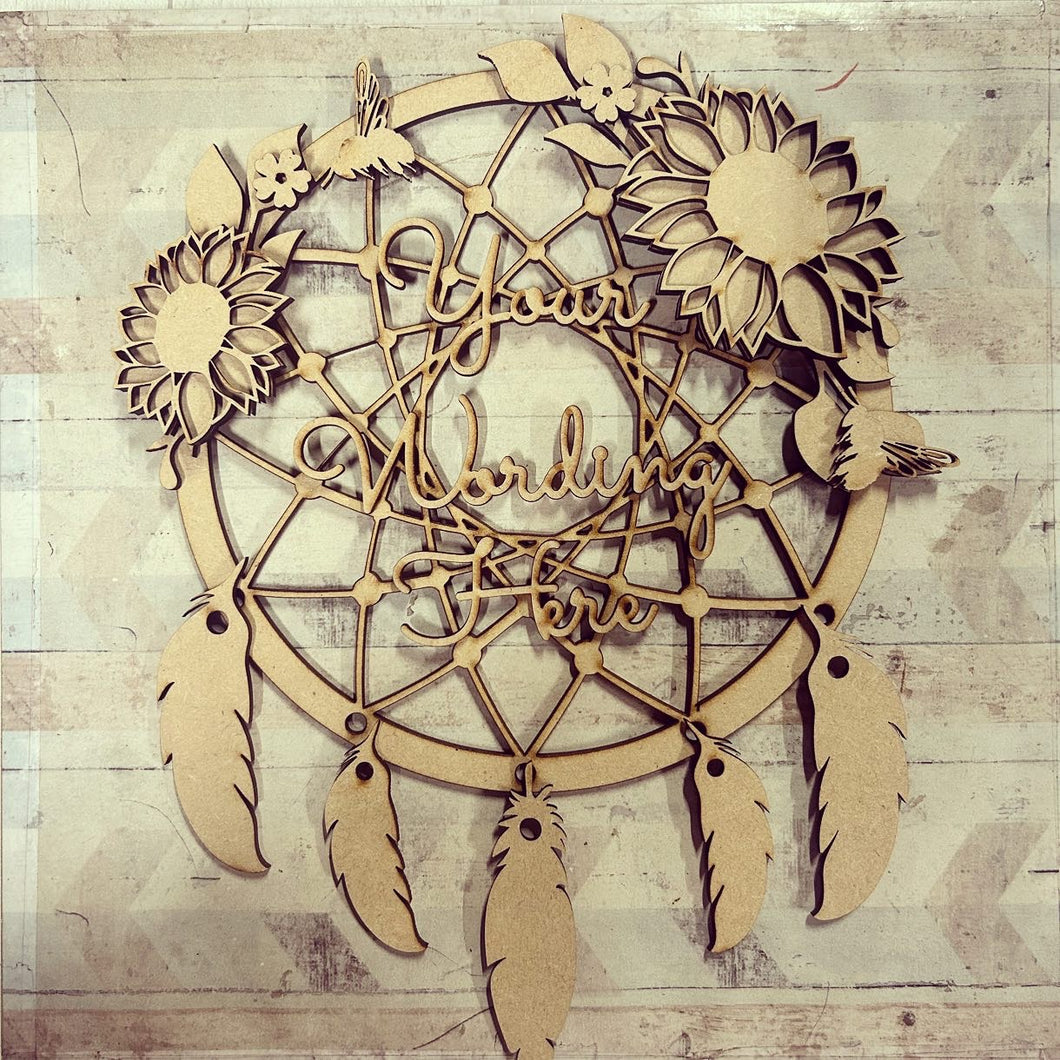 DC108 - MDF Sunflower Flower Dream Catcher Style 1 - with Initial or Wording - Olifantjie - Wooden - MDF - Lasercut - Blank - Craft - Kit - Mixed Media - UK
