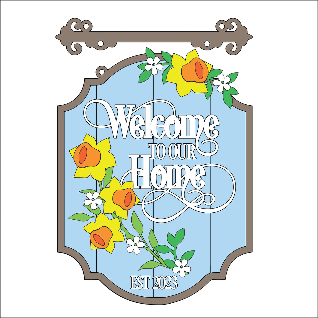 OL3428 - MDF Floral ‘Welcome to our home’ Est… - Hanging layered Sign - Daffodils - Olifantjie - Wooden - MDF - Lasercut - Blank - Craft - Kit - Mixed Media - UK