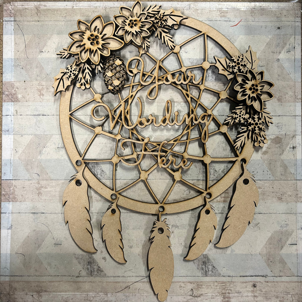DC106 - MDF Christmas Flower Dream Catcher Style 1 - with Initial or Wording - Olifantjie - Wooden - MDF - Lasercut - Blank - Craft - Kit - Mixed Media - UK